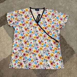 Absolute Floral Scrub Top Women Medium Mock Wrap VNeck Medical Nursing Pink Blue